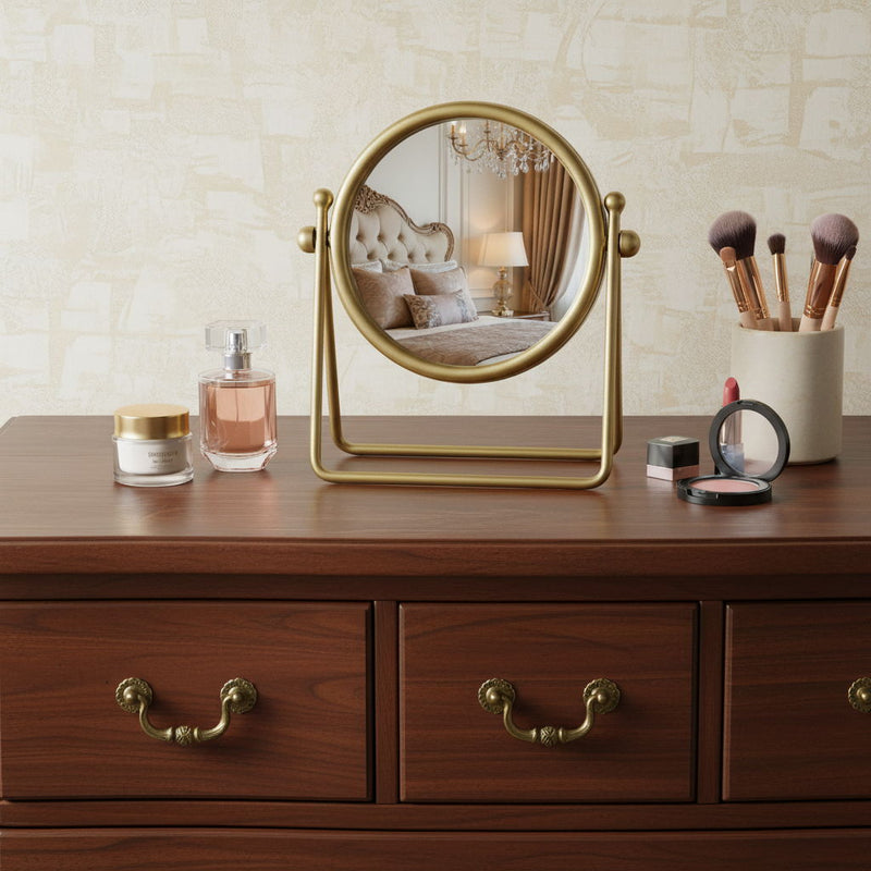 Metal Round Tilting Framed Makeup Shaving Tabletop Mirror - Gold