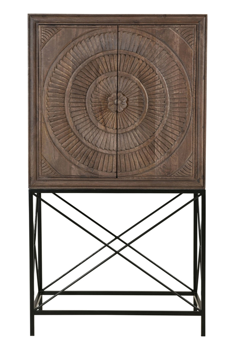 Solid Wood Two Door Carved Wine Cabinet - Brown