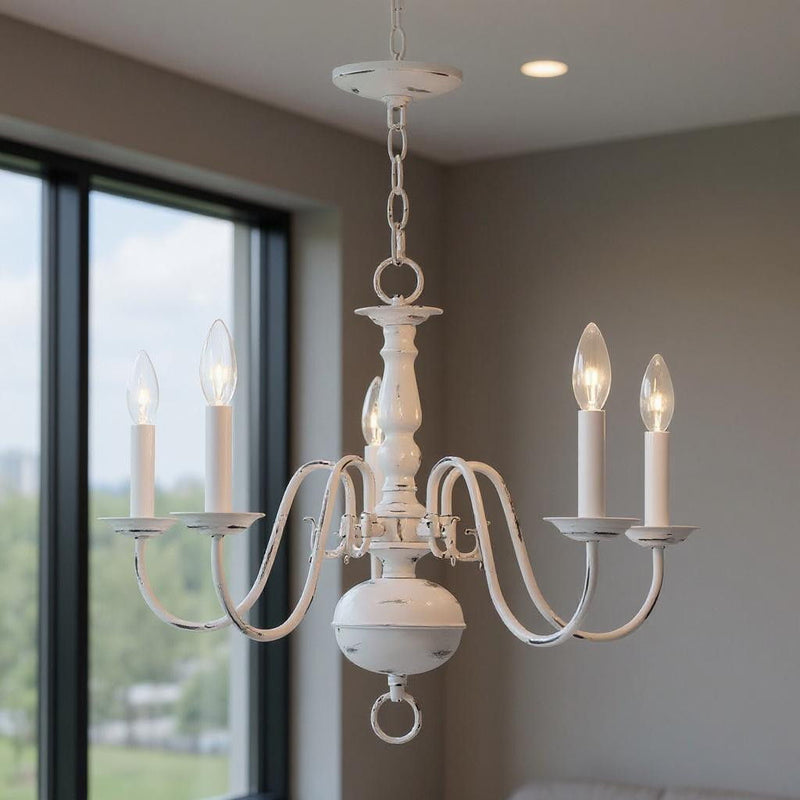18" Five Light Dimmable Chandelier With Shades - Antiqued White