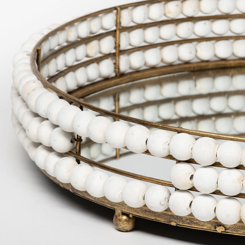 22" Metal Wood And Mirrored Glass Round Vanity Tray - Antiqued Gold / White