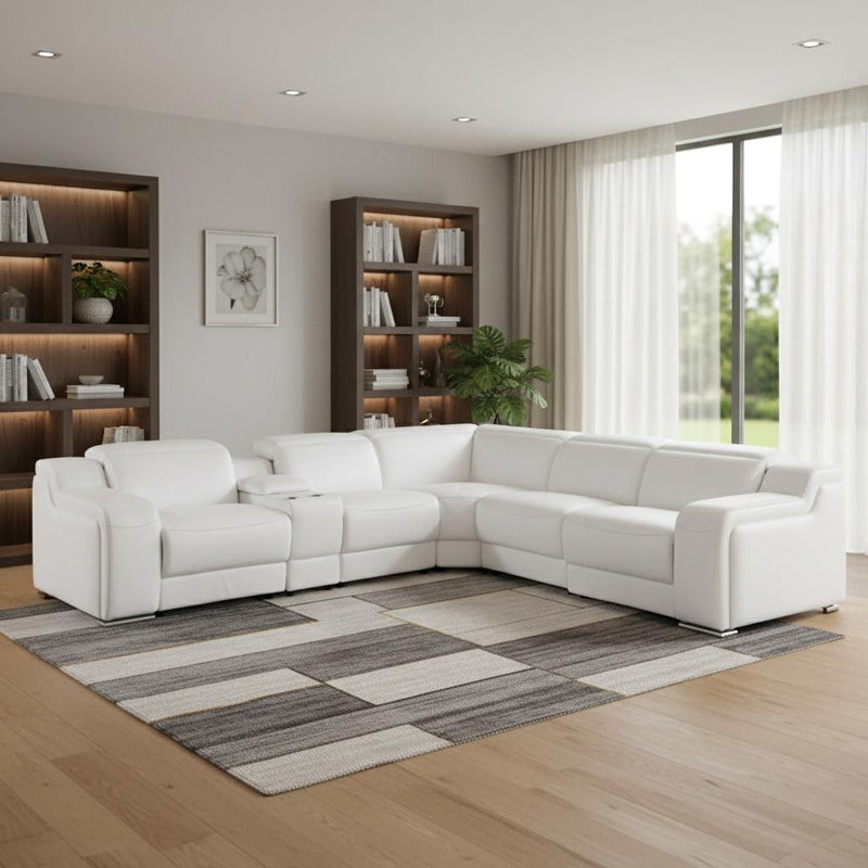Italian Leather Power Reclining L Shaped Six Piece Corner Sectional With Console - White