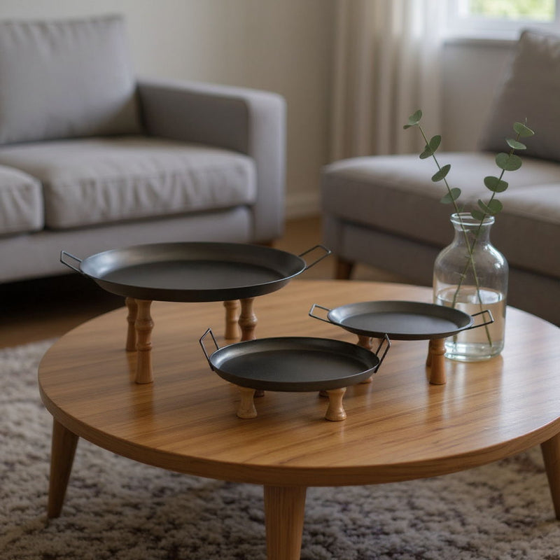 Wood Metal Round Riser Trays With Handles (Set of 3) - Black / Brown
