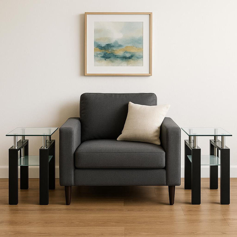 Glass And Metal Square End Tables With Shelf (Set of 2) - Clear / Black