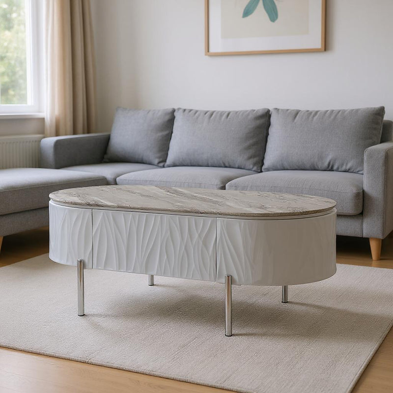 47" Wood And Steel Oval Coffee Table With Drawer - Gray