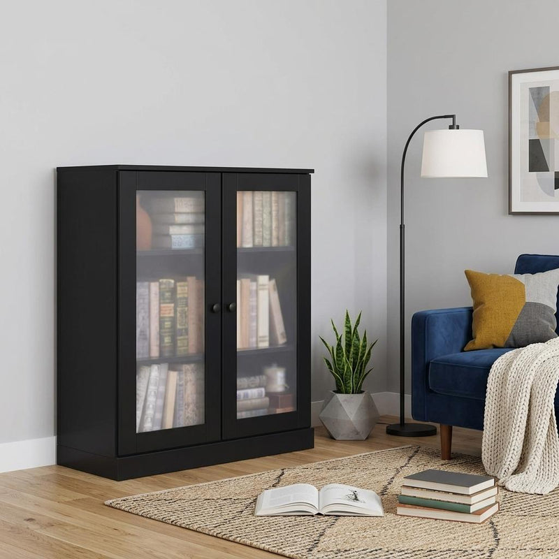 Solid Wood Adjustable Three Tier Library Bookcase With Two Doors - Black