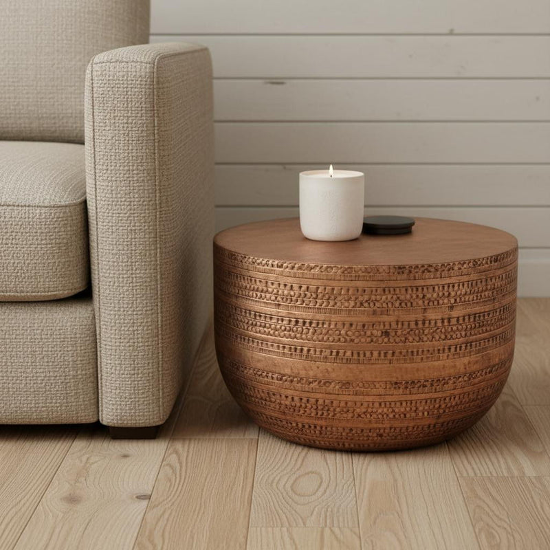 Metal Round Drum End Table - Copper
