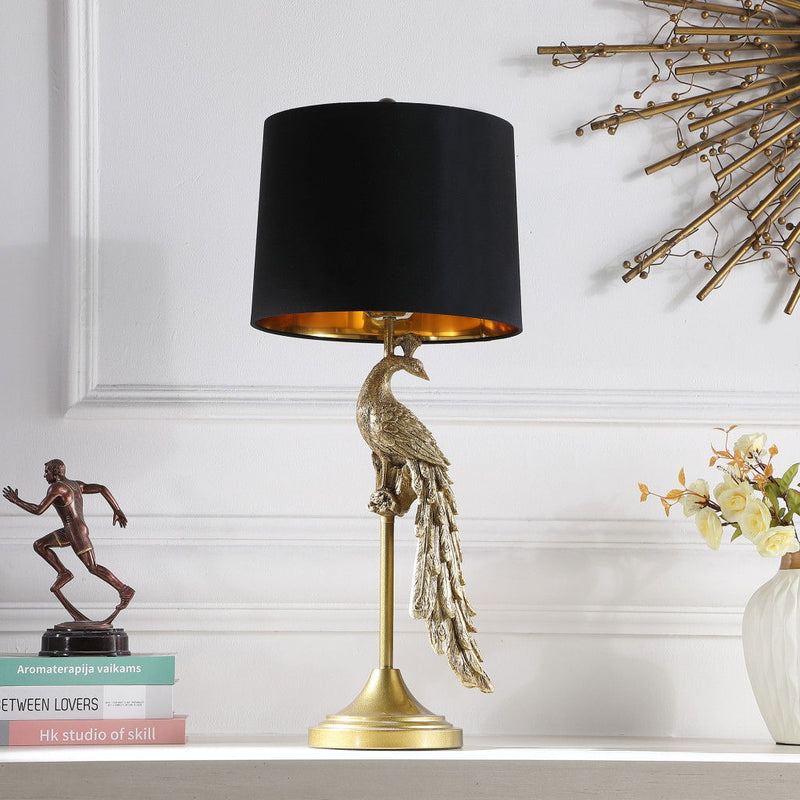 Peacock Table Lamp With Black Drum Shade - Gold