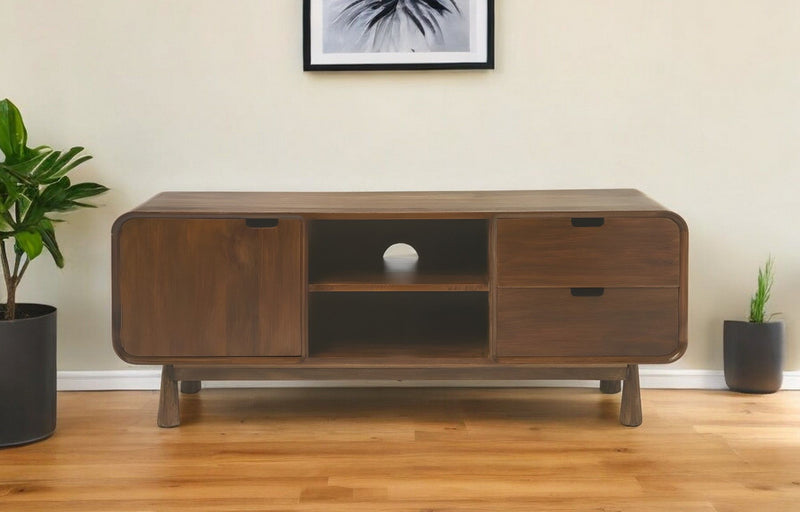 Wood Curved Edge Enclosed Storage TV Stand - Medium Brown
