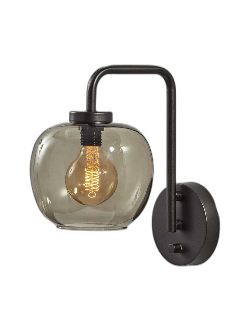 Smoked Glass Globe Shade With Vintage Edison Bulb And Metal Wall Lamp - Matte Black
