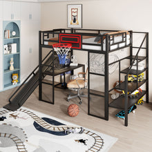 Load image into Gallery viewer, Loft Bed With Built In Desk, Open Wardrobe, Basketball Hoop, Slide And Staircase
