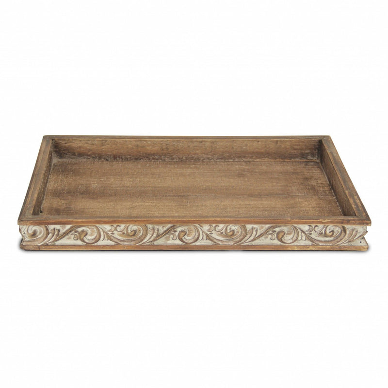 17" Distressed Finish Wood Tray With Side Carvings - Brown