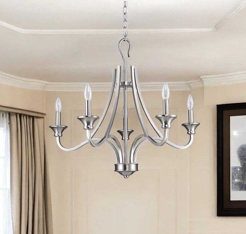 Candle Style Five Light Metal Dimmable Chandelier - Silver