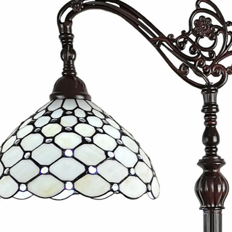 Traditional Shaped Floor Lamp With White Stained Glass Bowl Shade - Brown
