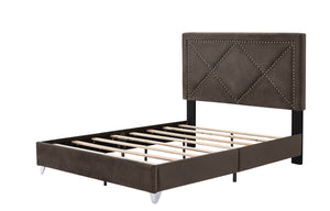 B109 Queen bed .Beautiful brass studs adorn the headboard, strong wooden slats + metal legs with Electroplate