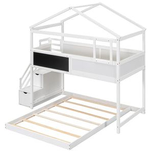 Twin over Full House Bunk Bed with Storage Staircase and Blackboard,White(Old SKU: GX001701AAK)