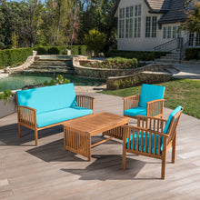 Load image into Gallery viewer, Outdoor Acacia Wood Sofa Set with Water Resistant Cushions, 4-Pcs Set, Brown Patina / Teal
