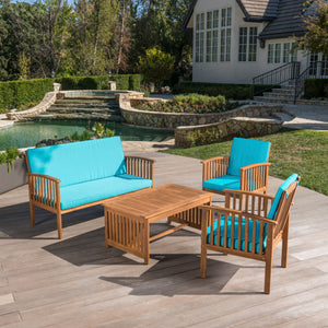 Outdoor Acacia Wood Sofa Set with Water Resistant Cushions, 4-Pcs Set, Brown Patina / Teal