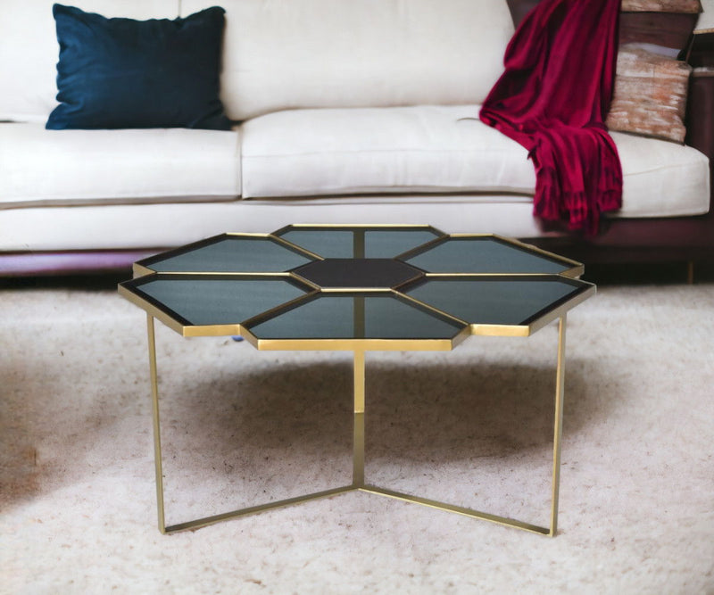 Geometric Floral Glass Coffee Table - Black / Gold