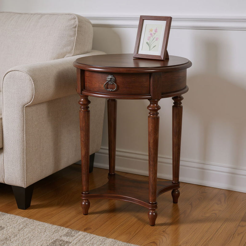Distressed Wood Round End Table With Drawer And Shelf - Brown
