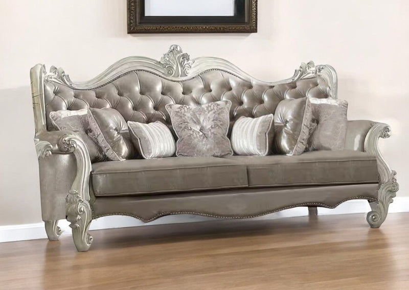 Faux Leather Sofa And Toss Pillows With Bone Legs - Gray