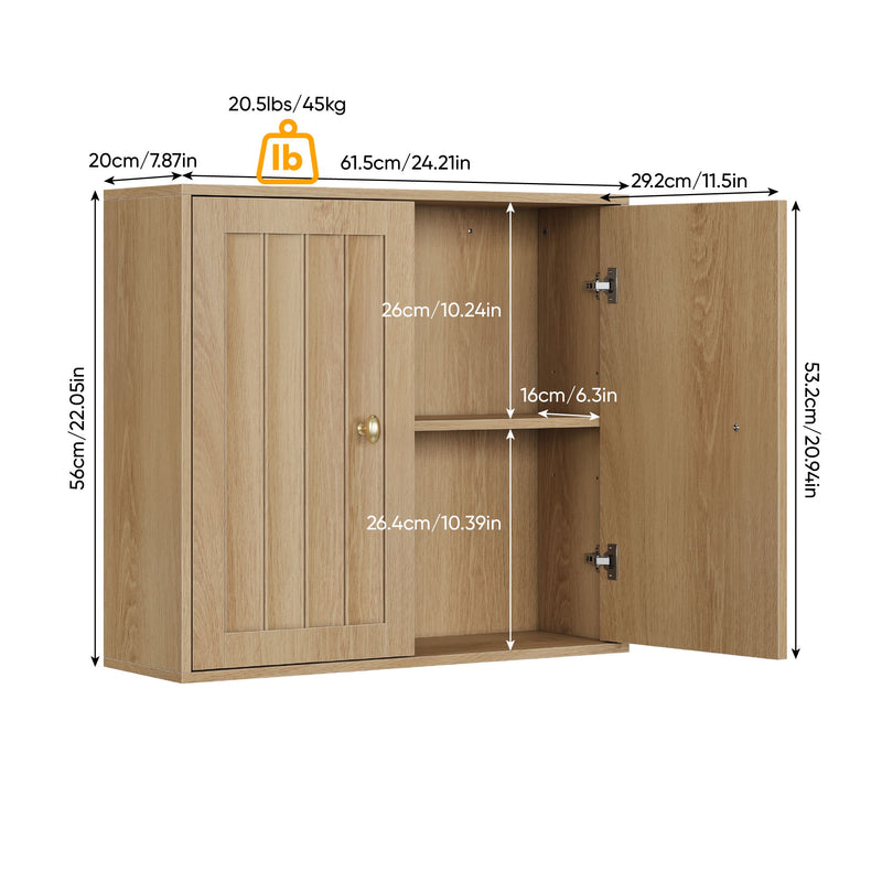 Wall Mounted Bathroom Cabinet With Double Doors And Vertical Grooved Design For Bathrooms - Oak