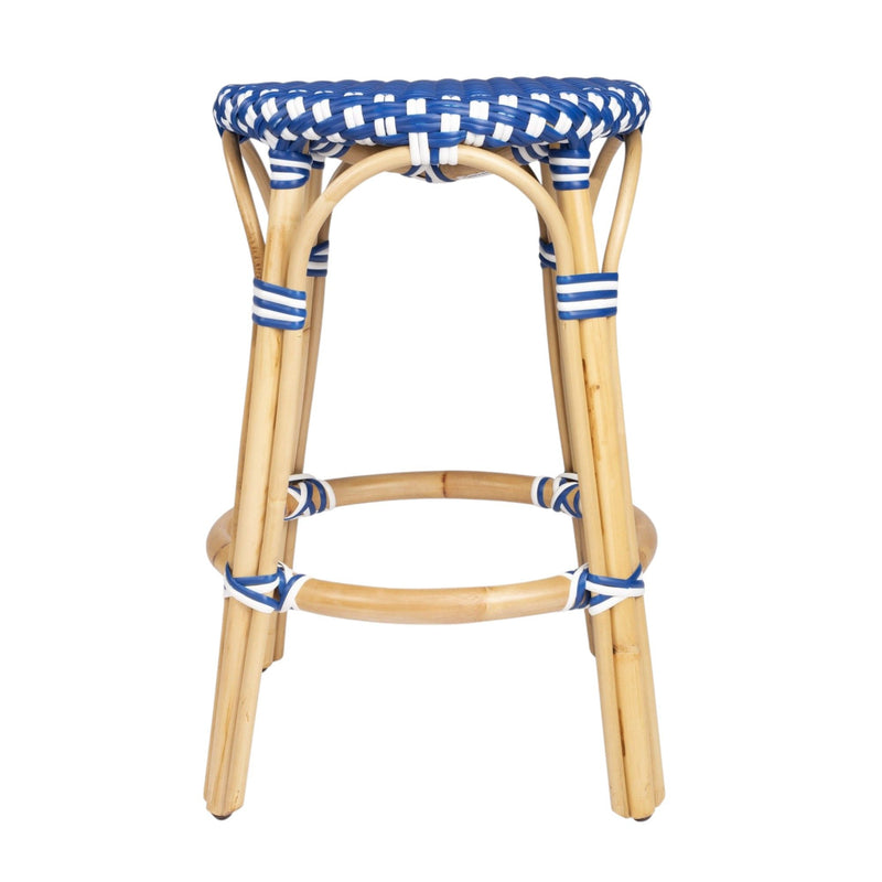 Heavy Duty Plastic And Rattan Backless Counter Height Bar Chair - Blue And Wood Brown