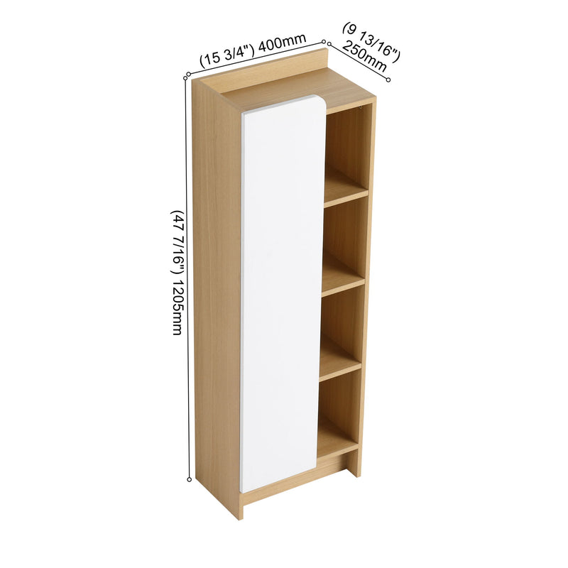 Tall Freestanding Bathroom Side Cabinet With Single Door & 4 Tier Open Shelves - Black / Light Oak / White