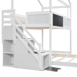 Twin over Full House Bunk Bed with Storage Staircase and Blackboard,White(Old SKU: GX001701AAK)