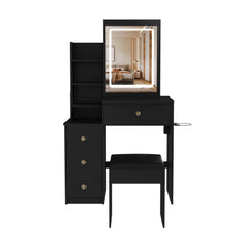 Load image into Gallery viewer, Vanity Desk With 3 LED Lighting Modes, 4 Drawers, Open Shelves, Hair Dryer Holder &amp; Power Socket Dressing Table Set With Chair - Black

