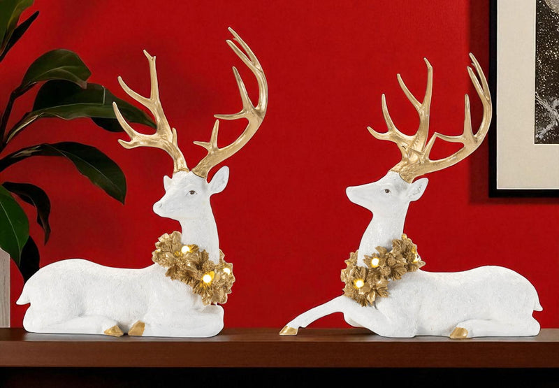 Poly Deer Figurine With LED (Set of 2) - White / Gold
