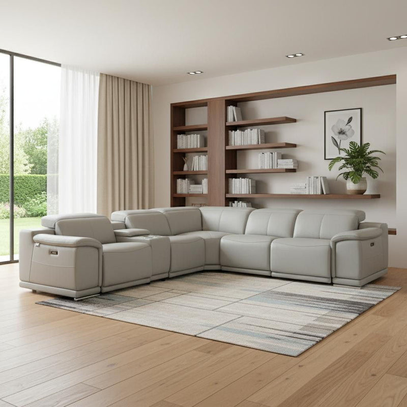 Italian Leather Power Reclining U Shaped Six Piece Corner Sectional With Console - Light Gray