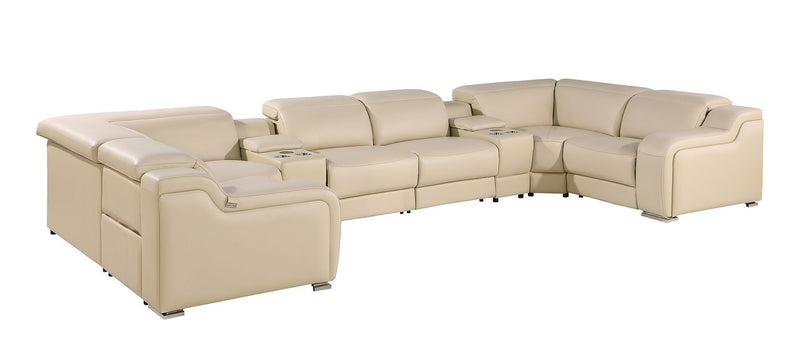 Italian Leather Power Reclining U Shaped 8 Piece Corner Sectional With Console - Beige