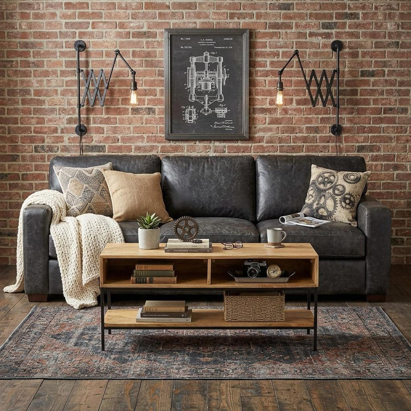 Solid Wood And Iron Console Table With Shelf - Natural And Black