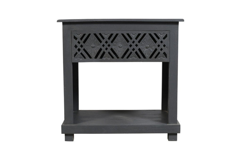 Solid Wood Distressed Carved Geometric One Drawer Nightstand - Gray