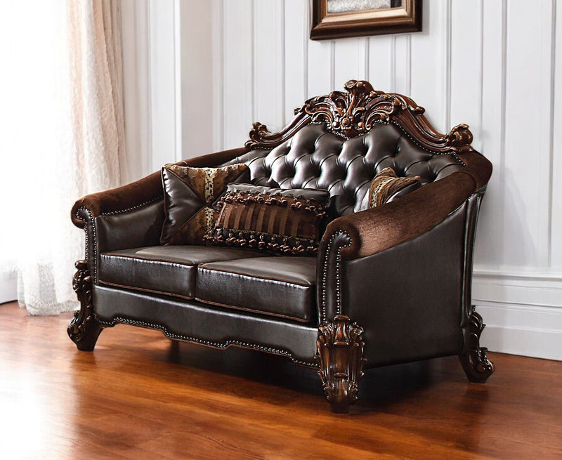 66" Chenille And Faux Leather Loveseat And Toss Pillows - Brown And Dark