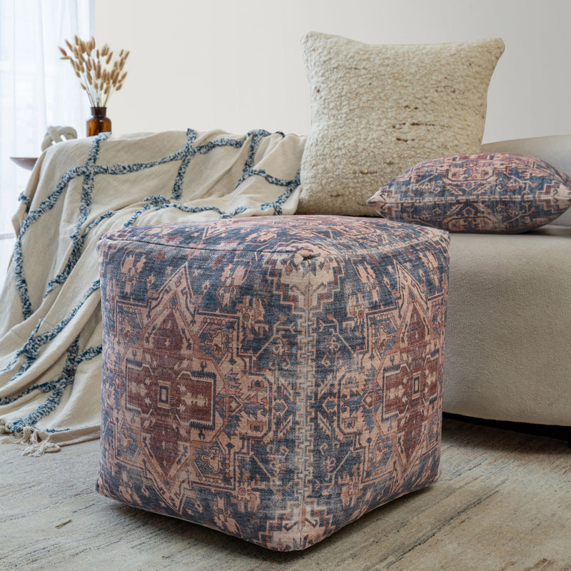 Upholstered Medallion Pouf Ottoman - Terra Cotta / Navy Blue