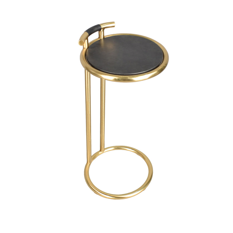 Leather Aluminum Round End Table - Black / Gold