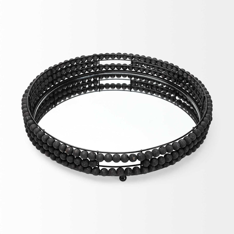 21" Matte Wood With Bead Mirrored Glass Bottom Round Tray - Black