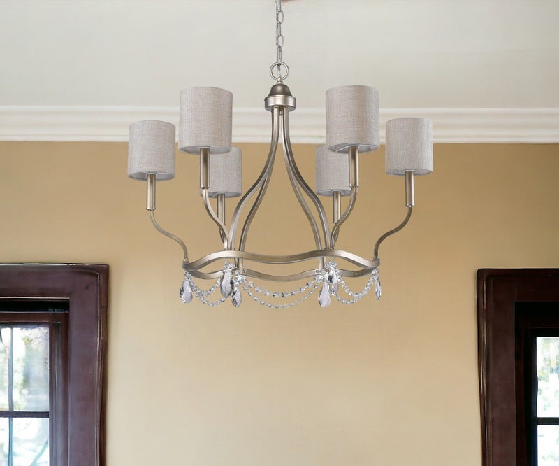 Candle Style Six Light Metal Dimmable Chandelier With White Shades - Gold