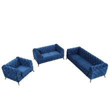 Load image into Gallery viewer, Modern 3-Piece Sofa Sets with Sturdy Metal Legs,Velvet Upholstered Couches Sets Including Three Seat Sofa, Loveseat and Single Chair for Living Room Furniture Set,Blue
