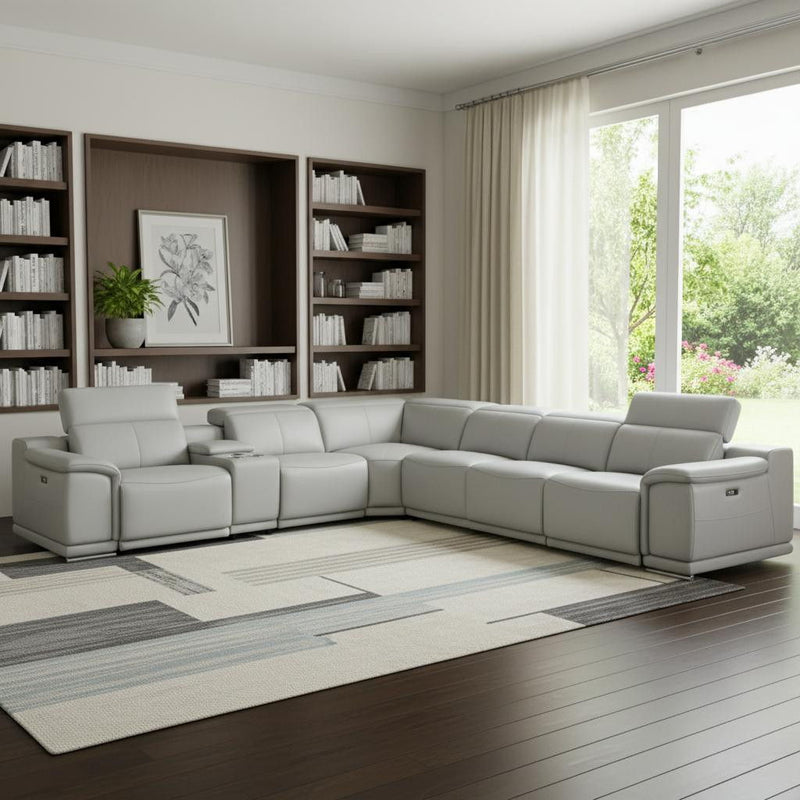 Italian Leather Power Reclining U Shaped Seven Piece Corner Sectional With Console - Light Gray