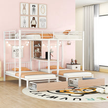 Load image into Gallery viewer, Full Over Twin &amp; Twin Triple Bunk Bed with Drawers, Multi-functional Metal Frame Bed with desks and shelves in the middle, White
