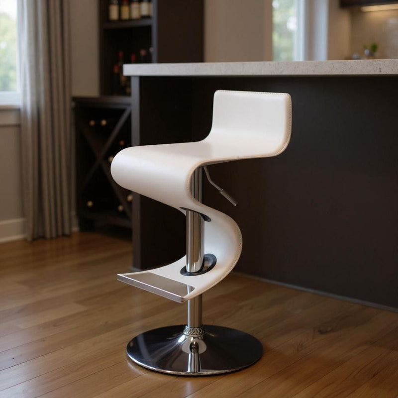 Faux Leather And Metal Low Back Adjustable Height Bar Chair - White And Silver