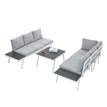 Load image into Gallery viewer, TOPMAX Industrial 5-Piece Aluminum Outdoor Patio Furniture Set, Modern Garden Sectional Sofa Set with End Tables, Coffee Table and Furniture Clips for Backyard, White+Grey
