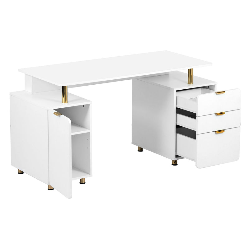 Stainless Pedestal Executive Desk With Three Drawers - White / Gold