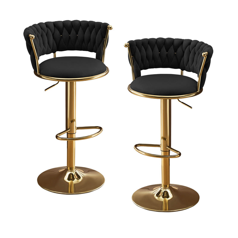 Velvet Metal Low Back Adjustable Height Swivel Bar Chairs (Set of 2) - Black / Gold