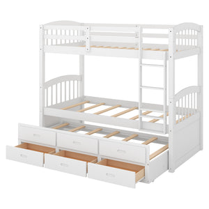 Twin over Twin Wood Bunk Bed with Trundle and Drawers,White