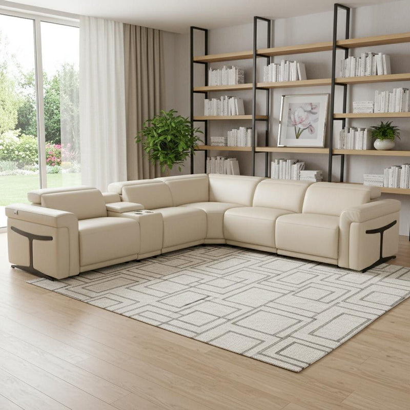 Italian Leather Modular L Shaped Six Piece Corner Sectional With Console - Beige