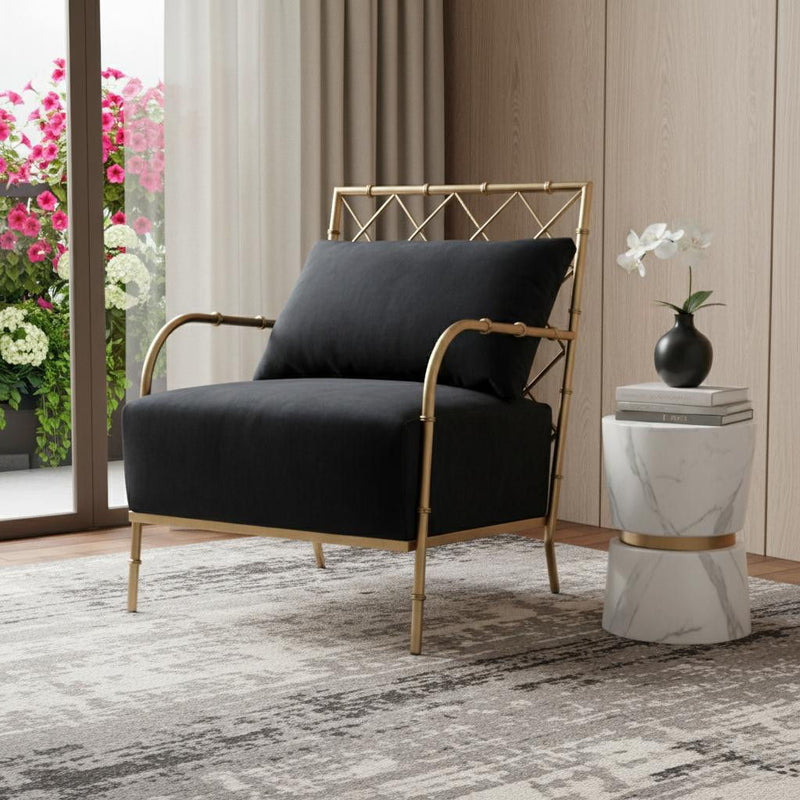Velvet And Gold Solid Color Arm Chair - Black