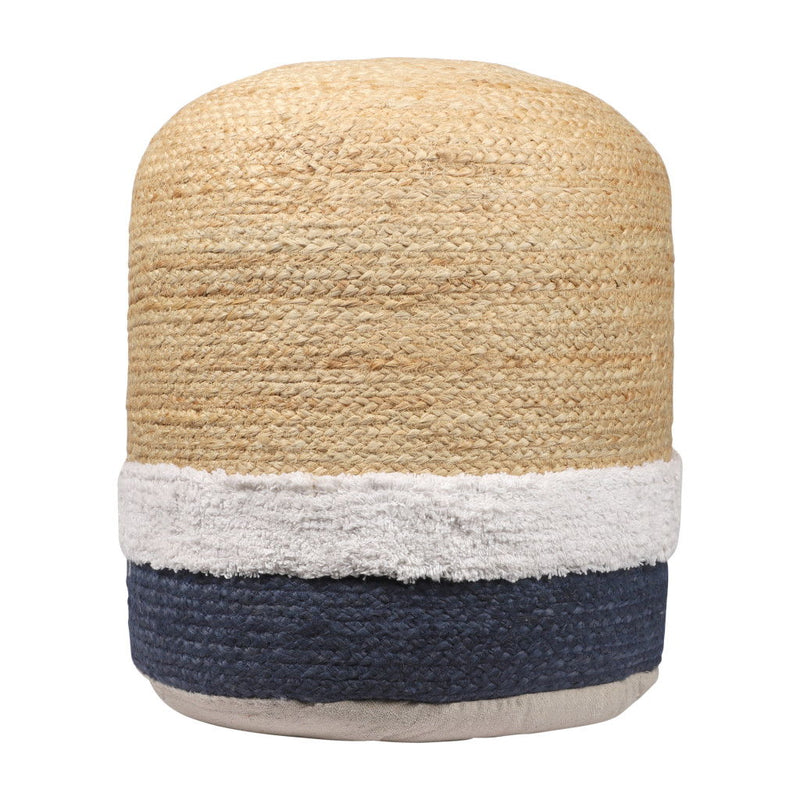 18" Jute Blend Cylinder Striped Pouf Ottoman - Natural And Navy Blue